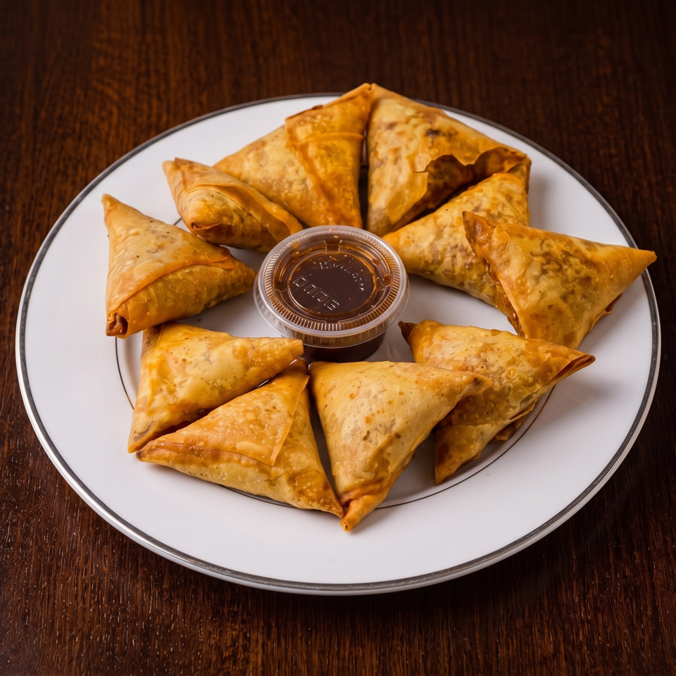 Golden-brown samosas arranged on a white plate with a small container of dipping sauce.