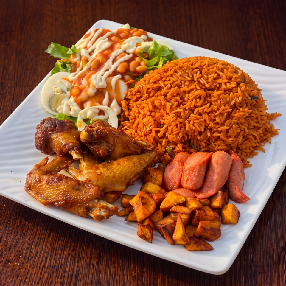 A white rectangular plate with jollof rice, fried chicken, plantains, sausage, and a side salad.