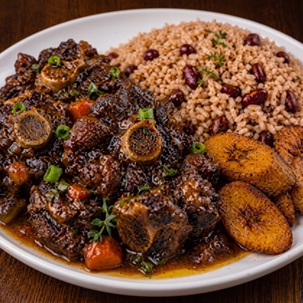 Oxtail stew with rice and peas, and fried plantains on a white plate.