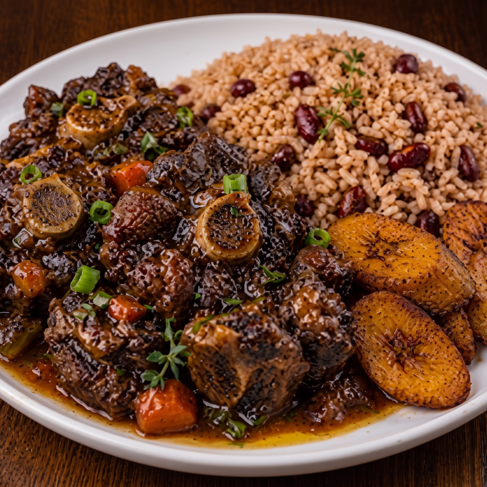 Oxtail stew with rice and peas, and fried plantains on a white plate.