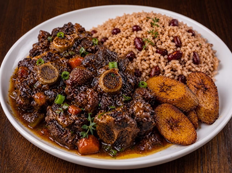 Oxtail stew with rice and peas, and fried plantains on a white plate.