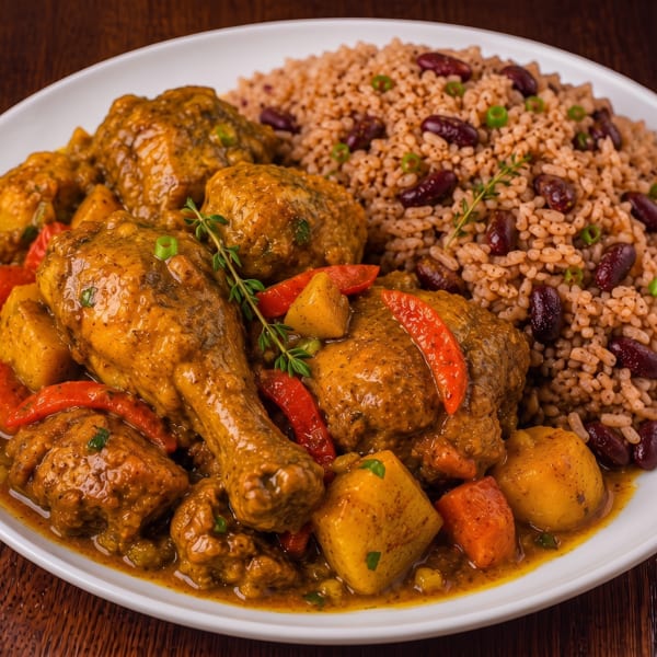 Curried chicken with potatoes and carrots, served with rice and peas on a white plate.