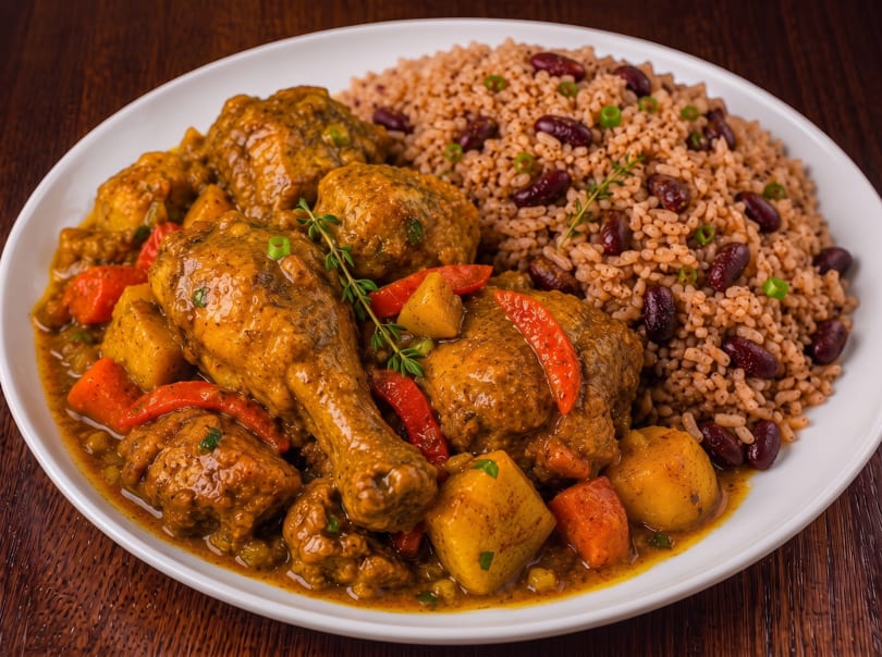 Curried chicken with potatoes and carrots, served with rice and peas on a white plate.