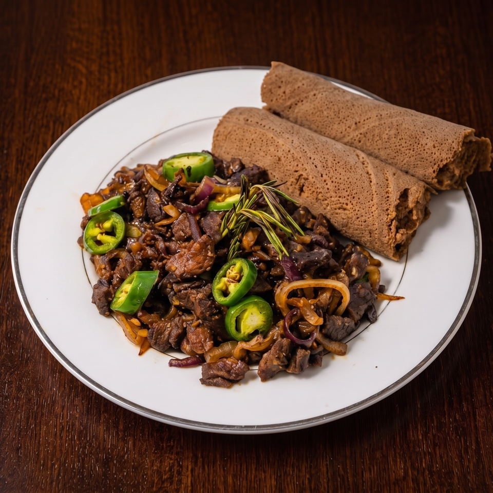 Ethiopian Gored Gored, a dish of cubed beef, onions, and jalapenos, served with injera.
