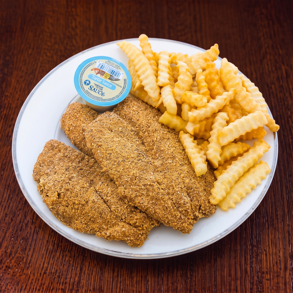 A white plate with three breaded fish fillets, crinkle-cut fries, and a cup of tartar sauce.