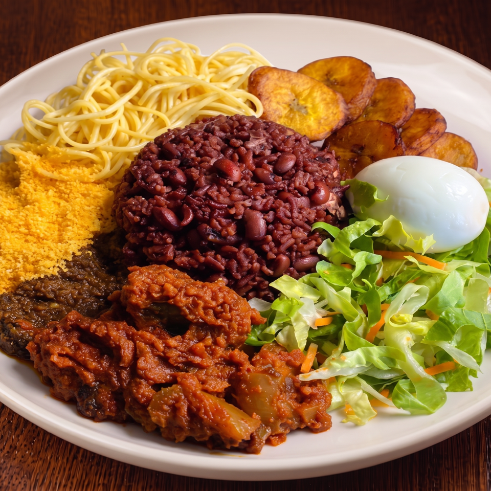 A large plate of food with rice and beans, spaghetti, plantains, salad, and meat.