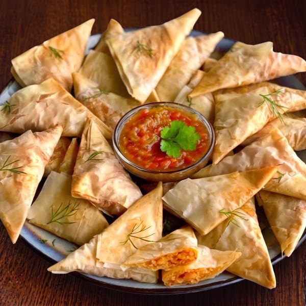 A platter of golden-brown triangular pastries with a side of red salsa, garnished with dill.