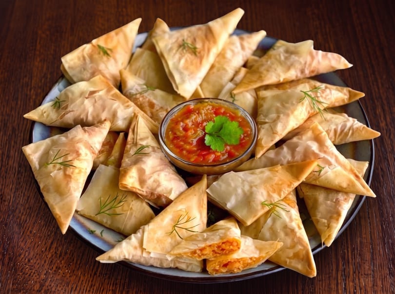 A platter of golden-brown triangular pastries with a side of red salsa, garnished with dill.