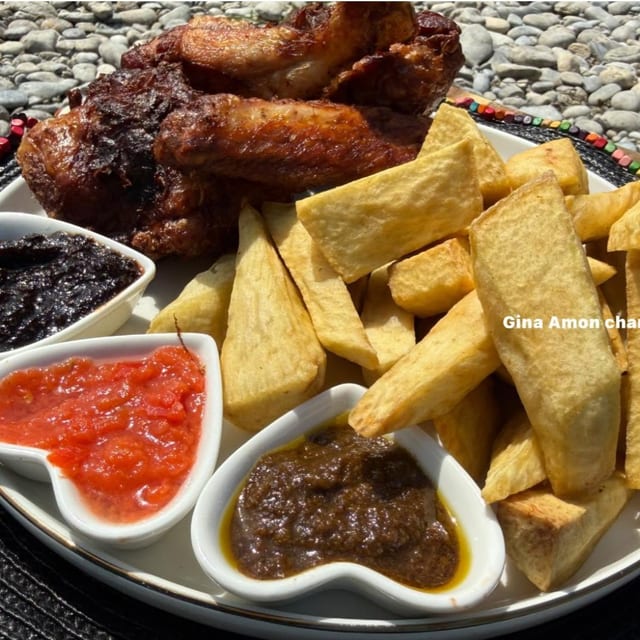 Fried Yam With 2 Pc Chicken/ Turkey.