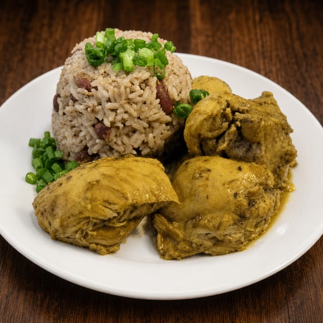 Curry Chicken With Rice And Beans.