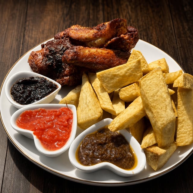 Fried Yam With 2 Pc Chicken/ Turkey.