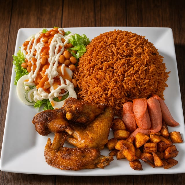 Jollof Rice With 2 Pc Chicken/ Fish.